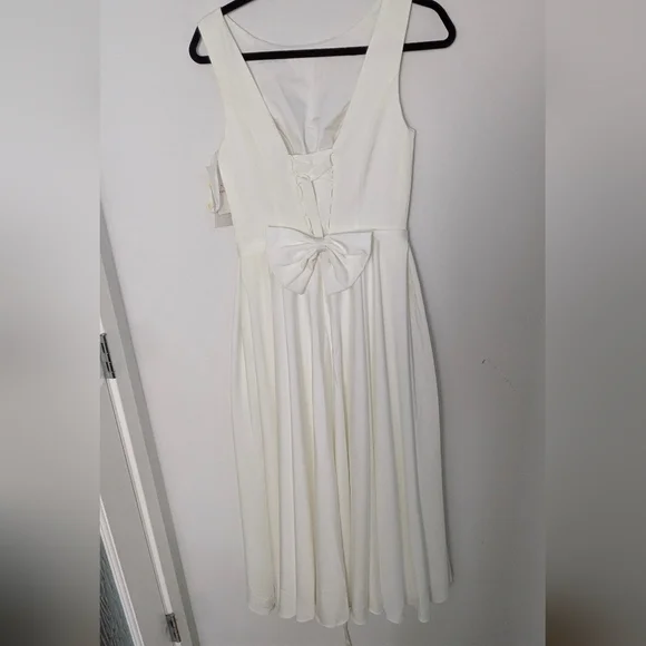 Off White Boatneck Midi Wedding Dress Romantic Lace-Up Back and bow Sz 6 NEW - Picture 8 of 16
